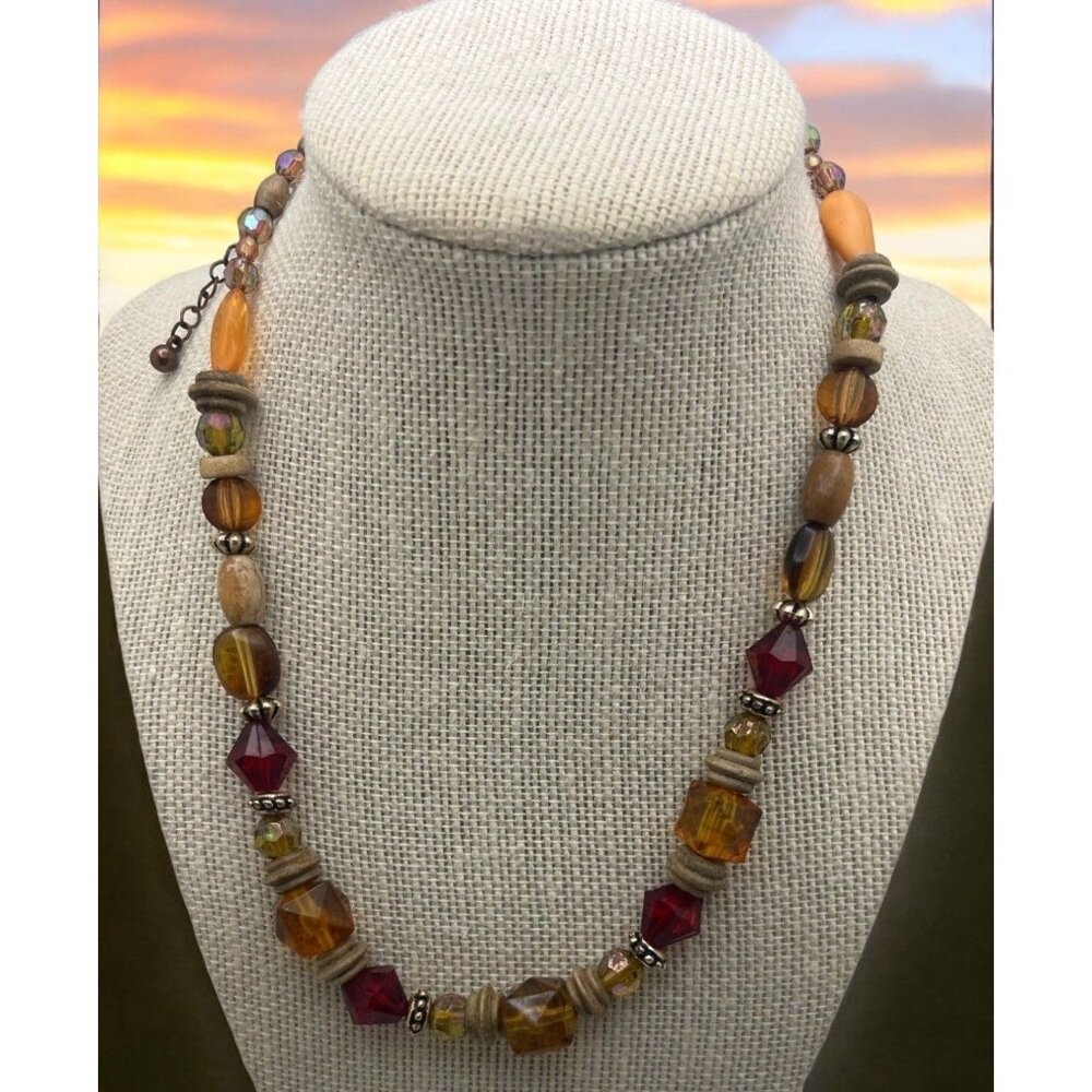 Vintage Beaded Necklace Wood and Plastic Faceted Beads Retro Red Orange